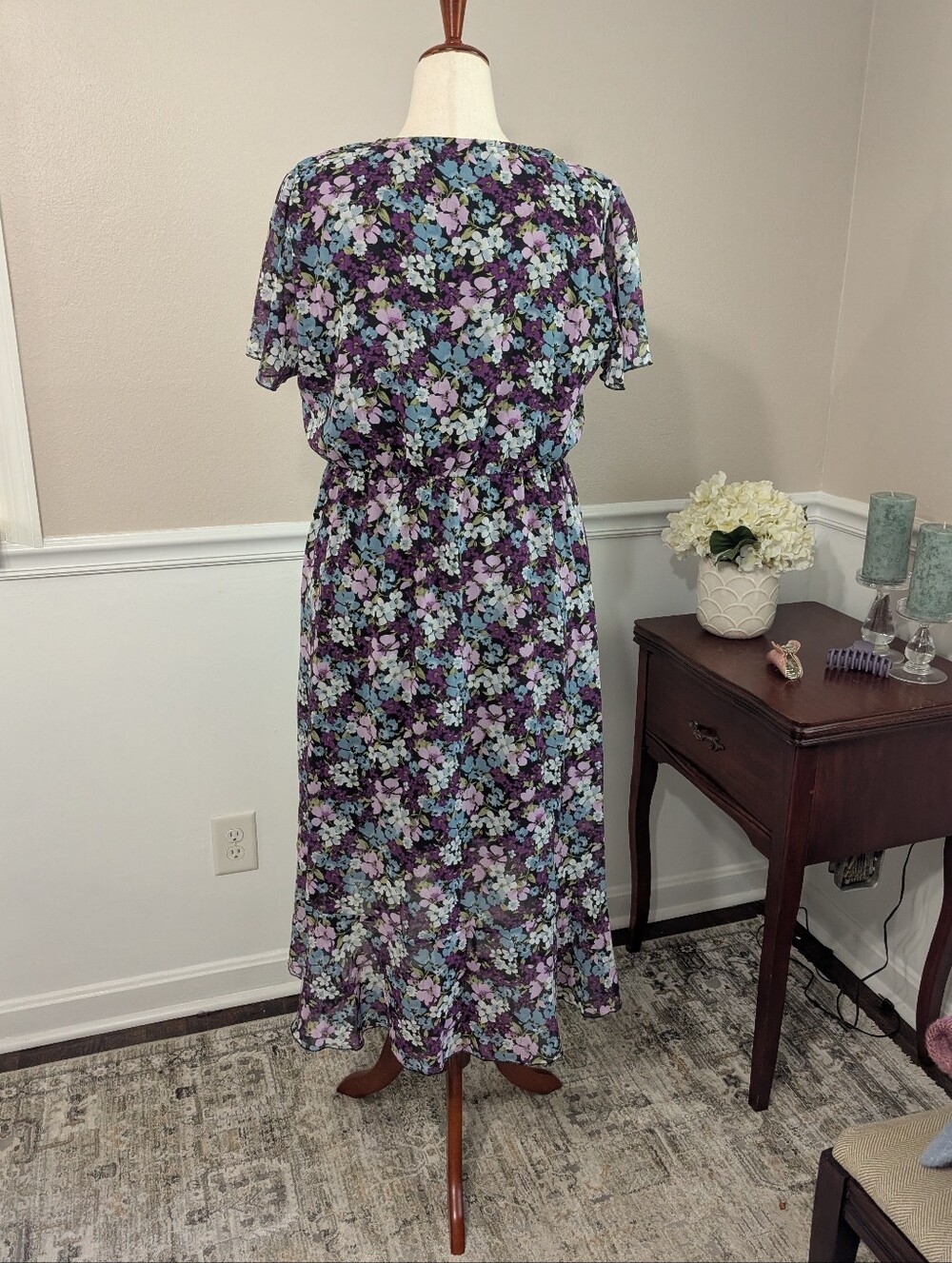 Prettygarden Purple And Blue Floral Faux Wrap Dress, Size XL - Picture 5 of 6